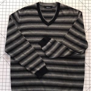 Men's Claiborne Gray & Black Striped Pull Over V Neck Sweater 100% Cotton Sz M